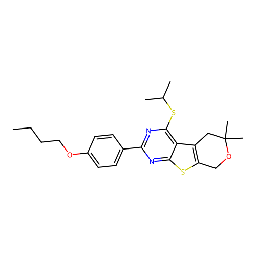 2-(4-butoxyphenyl)-4-(isopropylthio)-6,6-dimethyl-6,8-dihydro-5H-pyrano[4',3':4,5]thieno[2,3-d]pyrimidine structure