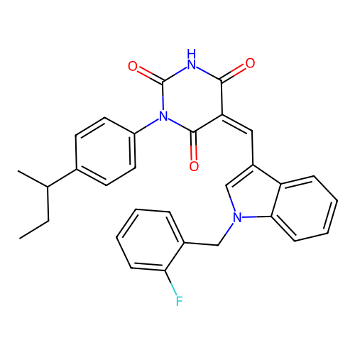(5Z)-1-(4-butan-2-ylphenyl)-5-[[1-[(2-fluorophenyl)methyl]indol-3-yl]methylidene]-1,3-diazinane-2,4,6-trione structure