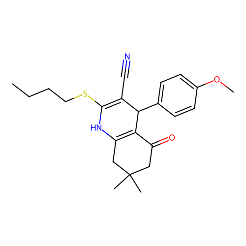 2-(butylsulfanyl)-4-(4-methoxyphenyl)-7,7-dimethyl-5-oxo-1,4,5,6,7,8-hexahydroquinoline-3-carbonitrile structure