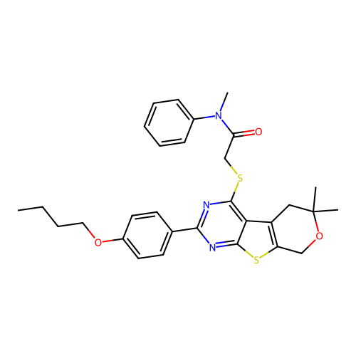 2-((2-(4-butoxyphenyl)-6,6-dimethyl-6,8-dihydro-5H-pyrano[4',3':4,5]thieno[2,3-d]pyrimidin-4-yl)thio)-N-methyl-N-phenylacetamide structure