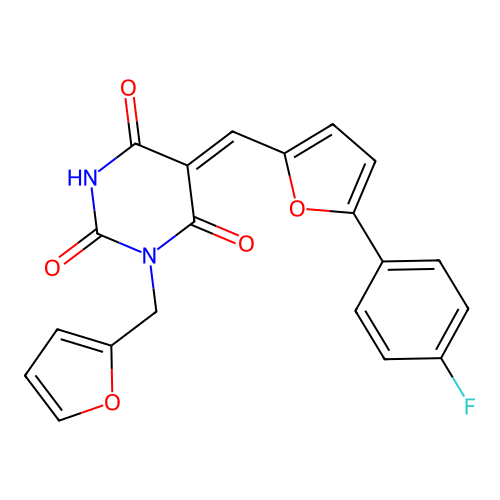 (5Z)-5-[[5-(4-fluorophenyl)-2-furyl]methylene]-1-(2-furylmethyl)hexahydropyrimidine-2,4,6-trione structure