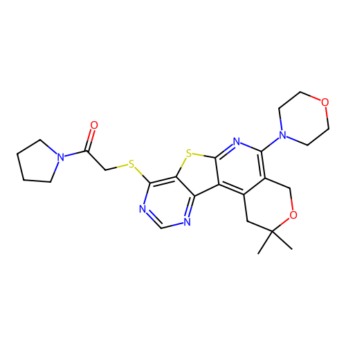 2-((2,2-dimethyl-5-morpholino-2,4-dihydro-1H-pyrano[4'',3'':4',5']pyrido[3',2':4,5]thieno[3,2-d]pyrimidin-8-yl)thio)-1-(pyrrolidin-1-yl)ethanone structure