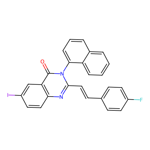 2-[(E)-2-(4-fluorophenyl)ethenyl]-6-iodo-3-(naphthalen-1-yl)quinazolin-4(3H)-one structure