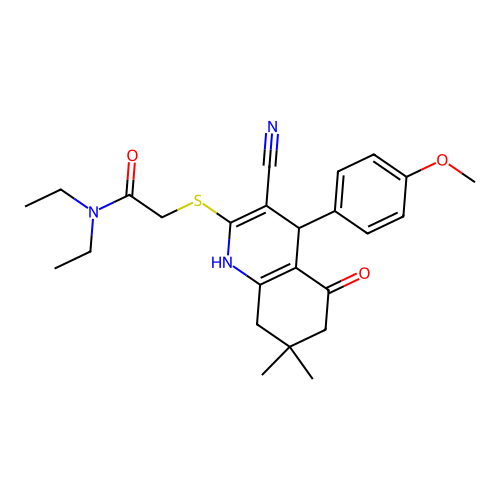 2-((3-cyano-4-(4-methoxyphenyl)-7,7-dimethyl-5-oxo-1,4,5,6,7,8-hexahydroquinolin-2-yl)thio)-N,N-diethylacetamide structure