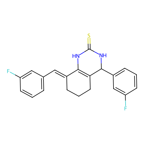 (8E)-4-(3-fluorophenyl)-8-[(3-fluorophenyl)methylidene]-1,3,4,5,6,7-hexahydroquinazoline-2-thione structure