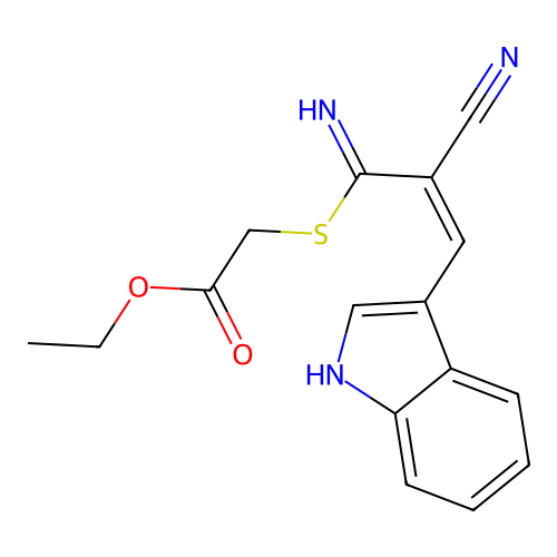 ethyl {[(2Z)-2-cyano-3-(1H-indol-3-yl)prop-2-enimidoyl]sulfanyl}acetate structure