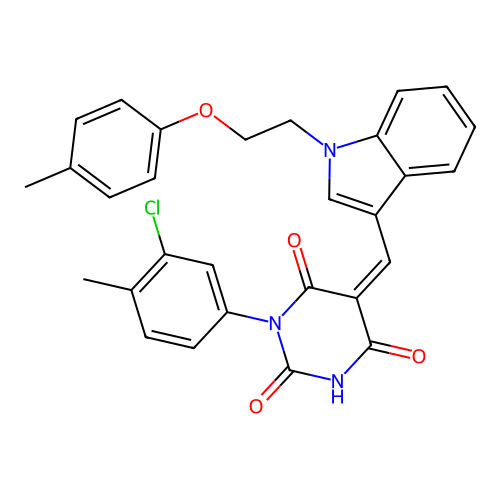 (5Z)-1-(3-chloro-4-methylphenyl)-5-({1-[2-(4-methylphenoxy)ethyl]-1H-indol-3-yl}methylidene)pyrimidine-2,4,6(1H,3H,5H)-trione structure