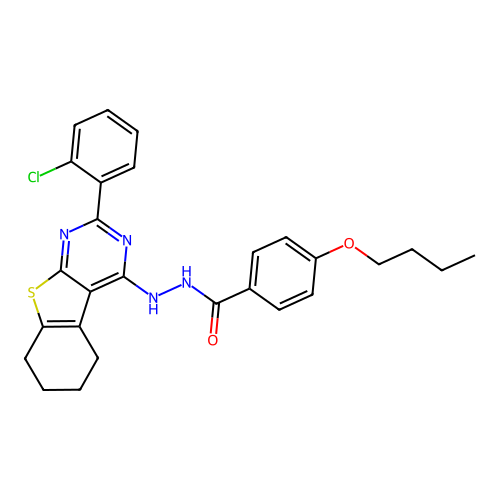 4-butoxy-N'-(2-(2-chlorophenyl)-5,6,7,8-tetrahydrobenzo[4,5]thieno[2,3-d]pyrimidin-4-yl)benzohydrazide structure