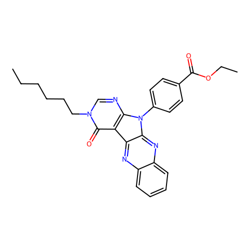 ethyl 4-(3-hexyl-4-oxo-3,4-dihydro-11H-pyrimido[5',4':4,5]pyrrolo[2,3-b]quinoxalin-11-yl)benzoate structure