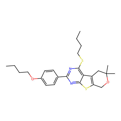 2-(4-butoxyphenyl)-4-(butylsulfanyl)-6,6-dimethyl-5,8-dihydro-6H-pyrano[4',3':4,5]thieno[2,3-d]pyrimidine structure