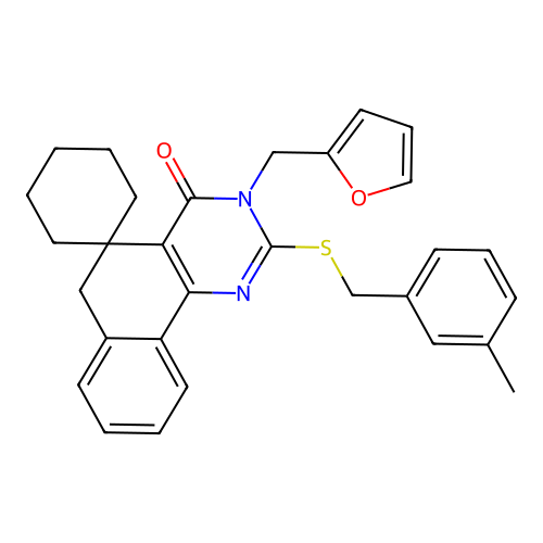 3-(furan-2-ylmethyl)-2-((3-methylbenzyl)thio)-3H-spiro[benzo[h]quinazoline-5,1'-cyclohexan]-4(6H)-one structure