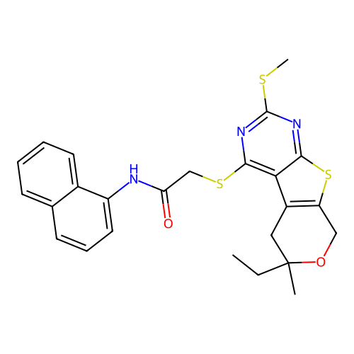 2-((6-ethyl-6-methyl-2-(methylthio)-6,8-dihydro-5H-pyrano[4',3':4,5]thieno[2,3-d]pyrimidin-4-yl)thio)-N-(naphthalen-1-yl)acetamide structure
