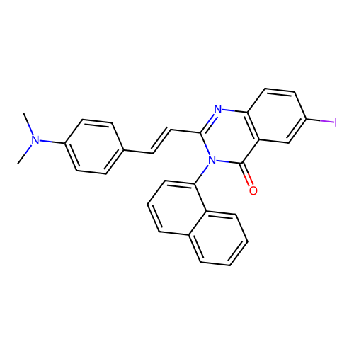 (E)-2-(4-(dimethylamino)styryl)-6-iodo-3-(naphthalen-1-yl)quinazolin-4(3H)-one structure