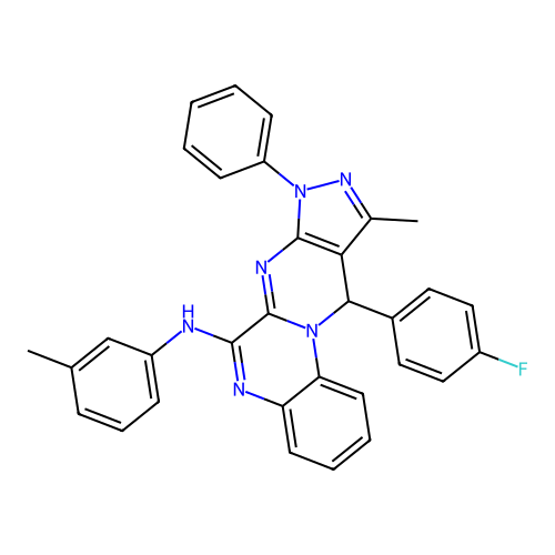 11-(4-fluorophenyl)-10-methyl-8-phenyl-N-(m-tolyl)-8,11-dihydropyrazolo[3',4':4,5]pyrimido[1,2-a]quinoxalin-6-amine structure