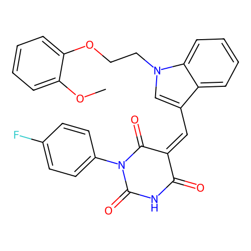 (Z)-1-(4-fluorophenyl)-5-((1-(2-(2-methoxyphenoxy)ethyl)-1H-indol-3-yl)methylene)pyrimidine-2,4,6(1H,3H,5H)-trione structure