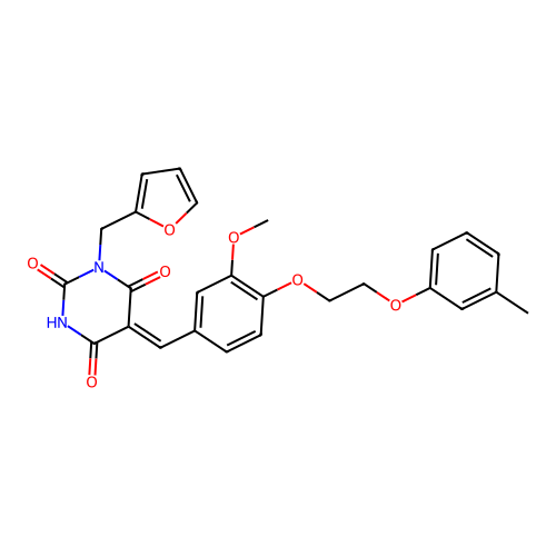 (Z)-1-(furan-2-ylmethyl)-5-(3-methoxy-4-(2-(m-tolyloxy)ethoxy)benzylidene)pyrimidine-2,4,6(1H,3H,5H)-trione structure