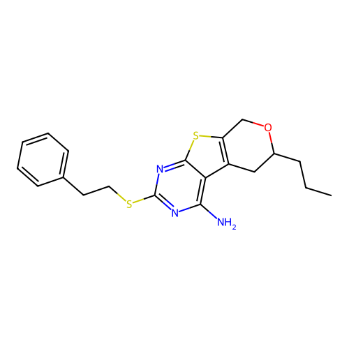 2-(phenethylthio)-6-propyl-6,8-dihydro-5H-pyrano[4',3':4,5]thieno[2,3-d]pyrimidin-4-amine structure