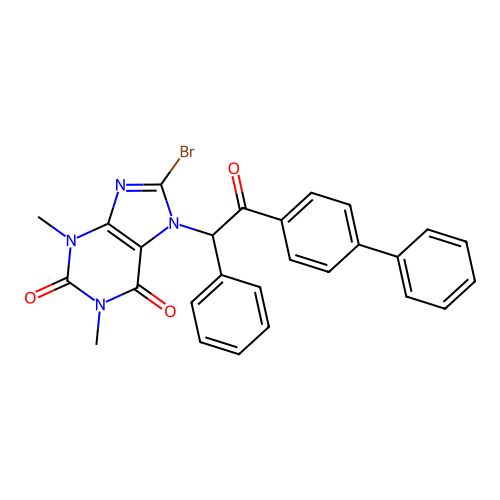 8-bromo-1,3-dimethyl-7-[2-oxo-1-phenyl-2-(4-phenylphenyl)ethyl]purine-2,6-dione structure