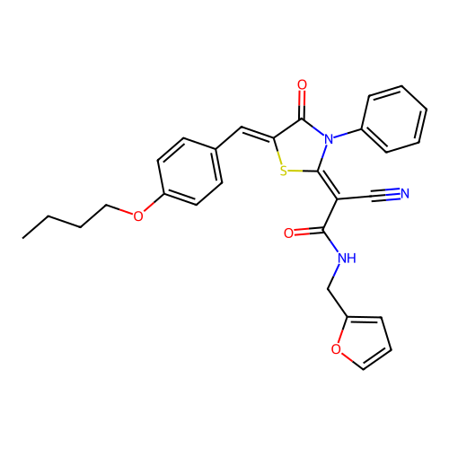 (Z)-2-((Z)-5-(4-butoxybenzylidene)-4-oxo-3-phenylthiazolidin-2-ylidene)-2-cyano-N-(furan-2-ylmethyl)acetamide structure