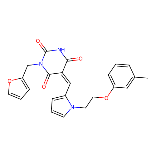 (Z)-1-(furan-2-ylmethyl)-5-((1-(2-(m-tolyloxy)ethyl)-1H-pyrrol-2-yl)methylene)pyrimidine-2,4,6(1H,3H,5H)-trione structure