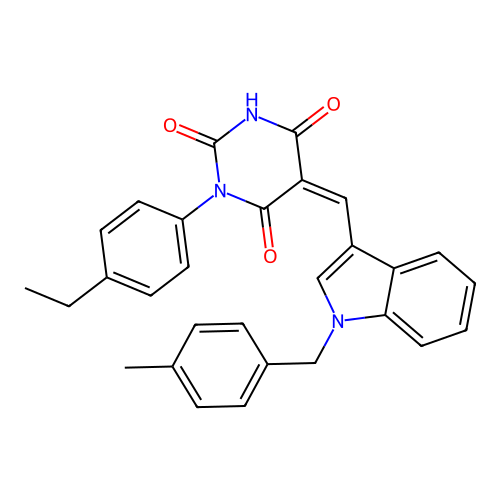 (Z)-1-(4-ethylphenyl)-5-((1-(4-methylbenzyl)-1H-indol-3-yl)methylene)pyrimidine-2,4,6(1H,3H,5H)-trione structure