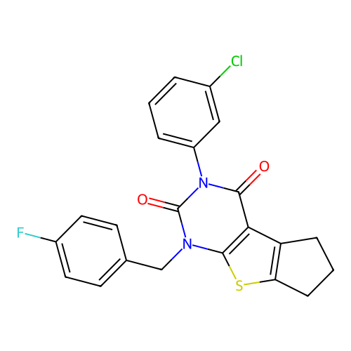 3-(3-chlorophenyl)-1-(4-fluorobenzyl)-1,5,6,7-tetrahydro-2H-cyclopenta[4,5]thieno[2,3-d]pyrimidine-2,4(3H)-dione structure