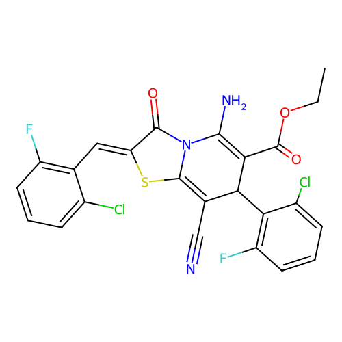(Z)-ethyl 5-amino-2-(2-chloro-6-fluorobenzylidene)-7-(2-chloro-6-fluorophenyl)-8-cyano-3-oxo-3,7-dihydro-2H-thiazolo[3,2-a]pyridine-6-carboxylate structure