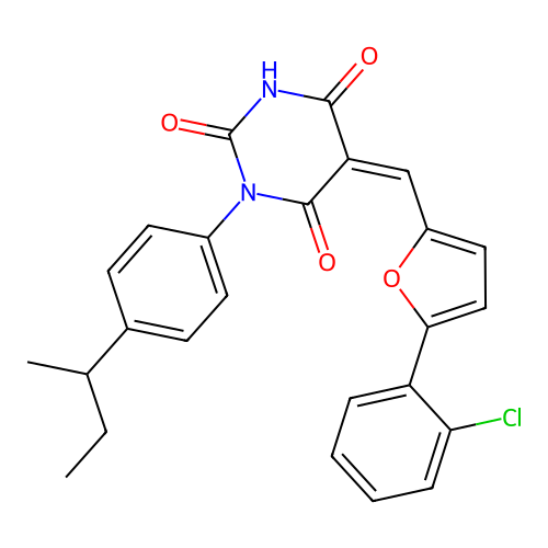 (5Z)-1-(4-butan-2-ylphenyl)-5-[[5-(2-chlorophenyl)furan-2-yl]methylidene]-1,3-diazinane-2,4,6-trione structure