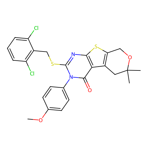 2-((2,6-dichlorobenzyl)thio)-3-(4-methoxyphenyl)-6,6-dimethyl-5,6-dihydro-3H-pyrano[4',3':4,5]thieno[2,3-d]pyrimidin-4(8H)-one structure
