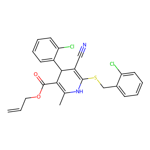 allyl 6-((2-chlorobenzyl)thio)-4-(2-chlorophenyl)-5-cyano-2-methyl-1,4-dihydropyridine-3-carboxylate structure