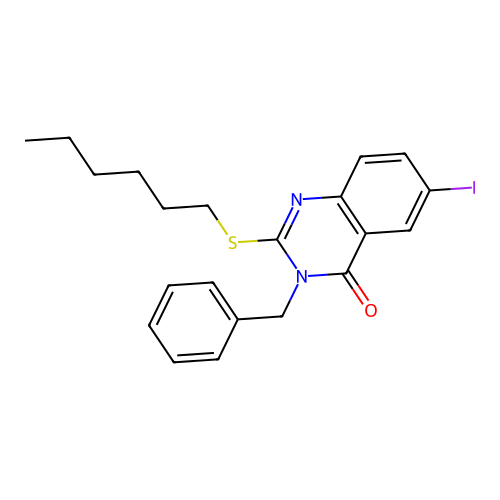 3-benzyl-2-(hexylsulfanyl)-6-iodoquinazolin-4(3H)-one structure