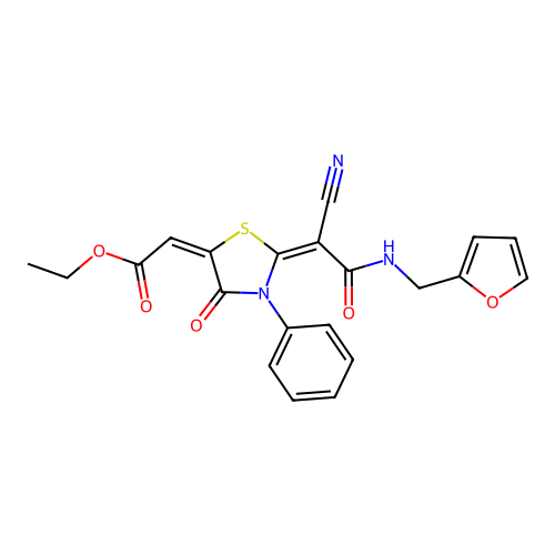(E)-ethyl 2-((E)-2-(1-cyano-2-((furan-2-ylmethyl)amino)-2-oxoethylidene)-4-oxo-3-phenylthiazolidin-5-ylidene)acetate structure