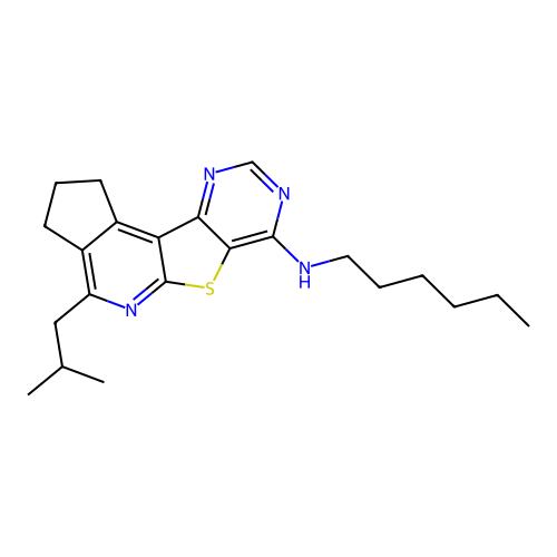 N-hexyl-4-(2-methylpropyl)-2,3-dihydro-1H-cyclopenta[4',5']pyrido[3',2':4,5]thieno[3,2-d]pyrimidin-7-amine structure