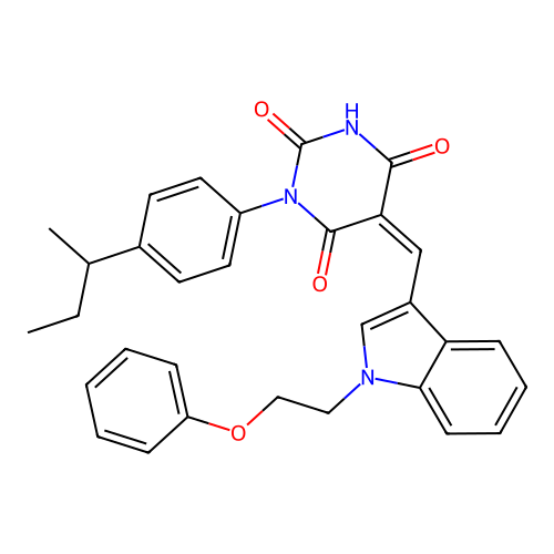 (5Z)-1-(4-butan-2-ylphenyl)-5-[[1-(2-phenoxyethyl)indol-3-yl]methylidene]-1,3-diazinane-2,4,6-trione structure