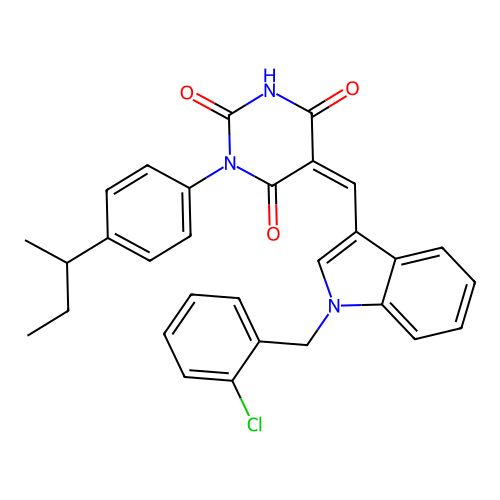 (5Z)-1-(4-butan-2-ylphenyl)-5-[[1-[(2-chlorophenyl)methyl]indol-3-yl]methylidene]-1,3-diazinane-2,4,6-trione structure