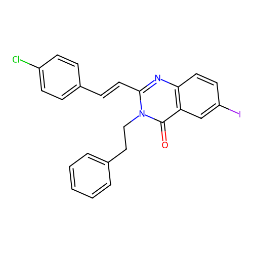 2-[(E)-2-(4-chlorophenyl)ethenyl]-6-iodo-3-(2-phenylethyl)quinazolin-4(3H)-one structure