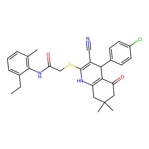 2-((4-(4-chlorophenyl)-3-cyano-7,7-dimethyl-5-oxo-1,4,5,6,7,8-hexahydroquinolin-2-yl)thio)-N-(2-ethyl-6-methylphenyl)acetamide structure