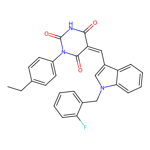 (5Z)-1-(4-ethylphenyl)-5-[[1-[(2-fluorophenyl)methyl]indol-3-yl]methylidene]-1,3-diazinane-2,4,6-trione structure
