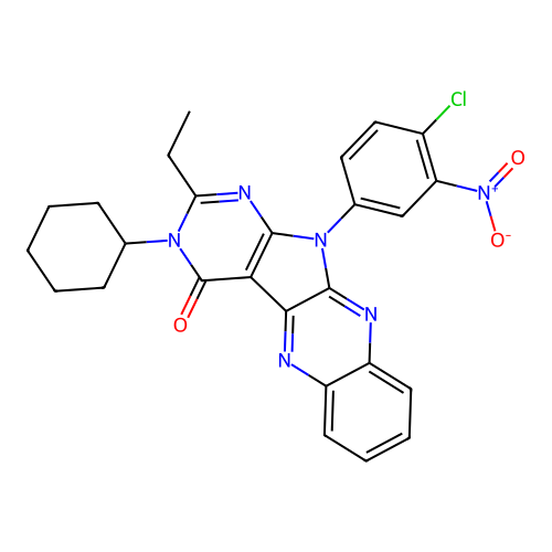 11-(4-chloro-3-nitrophenyl)-3-cyclohexyl-2-ethyl-3,11-dihydro-4H-pyrimido[5',4':4,5]pyrrolo[2,3-b]quinoxalin-4-one structure