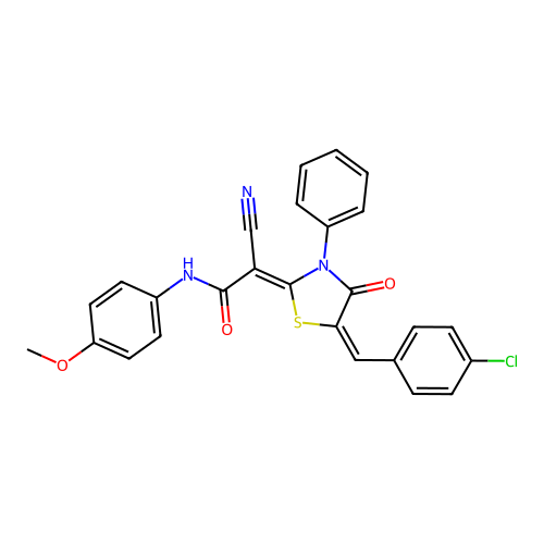 (Z)-2-((E)-5-(4-chlorobenzylidene)-4-oxo-3-phenylthiazolidin-2-ylidene)-2-cyano-N-(4-methoxyphenyl)acetamide structure