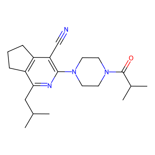 3-[4-(2-methylpropanoyl)piperazin-1-yl]-1-(2-methylpropyl)-6,7-dihydro-5H-cyclopenta[c]pyridine-4-carbonitrile structure