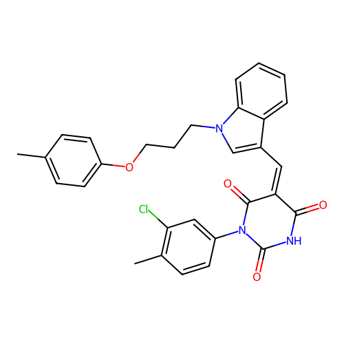 (5Z)-1-(3-chloro-4-methylphenyl)-5-({1-[3-(4-methylphenoxy)propyl]-1H-indol-3-yl}methylidene)pyrimidine-2,4,6(1H,3H,5H)-trione structure