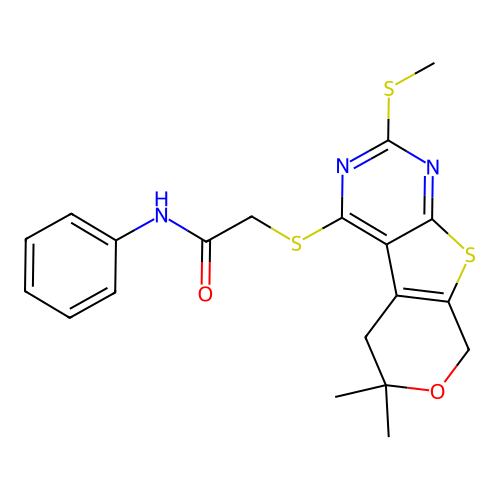 2-{[6,6-dimethyl-2-(methylsulfanyl)-5,8-dihydro-6H-pyrano[4',3':4,5]thieno[2,3-d]pyrimidin-4-yl]sulfanyl}-N-phenylacetamide structure