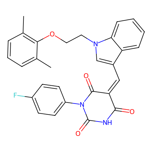 (5Z)-5-({1-[2-(2,6-dimethylphenoxy)ethyl]-1H-indol-3-yl}methylidene)-1-(4-fluorophenyl)pyrimidine-2,4,6(1H,3H,5H)-trione structure