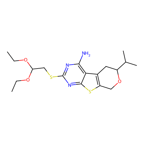 2-((2,2-diethoxyethyl)thio)-6-isopropyl-6,8-dihydro-5H-pyrano[4',3':4,5]thieno[2,3-d]pyrimidin-4-amine structure