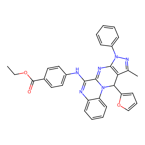 ethyl 4-((11-(furan-2-yl)-10-methyl-8-phenyl-8,11-dihydropyrazolo[3',4':4,5]pyrimido[1,2-a]quinoxalin-6-yl)amino)benzoate structure