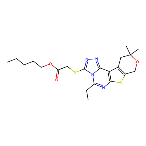 pentyl [(5-ethyl-10,10-dimethyl-10,11-dihydro-8H-pyrano[4',3':4,5]thieno[3,2-e][1,2,4]triazolo[4,3-c]pyrimidin-3-yl)sulfanyl]acetate structure