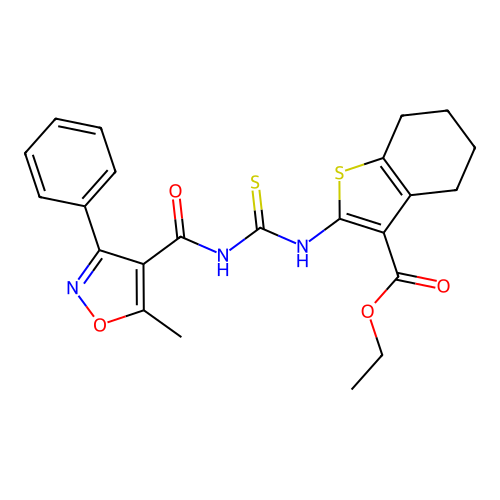 ethyl 2-({[(5-methyl-3-phenyl-1,2-oxazol-4-yl)carbonyl]carbamothioyl}amino)-4,5,6,7-tetrahydro-1-benzothiophene-3-carboxylate structure