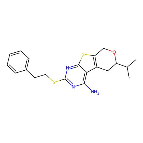 2-[(2-phenylethyl)sulfanyl]-6-(propan-2-yl)-5,8-dihydro-6H-pyrano[4',3':4,5]thieno[2,3-d]pyrimidin-4-amine structure