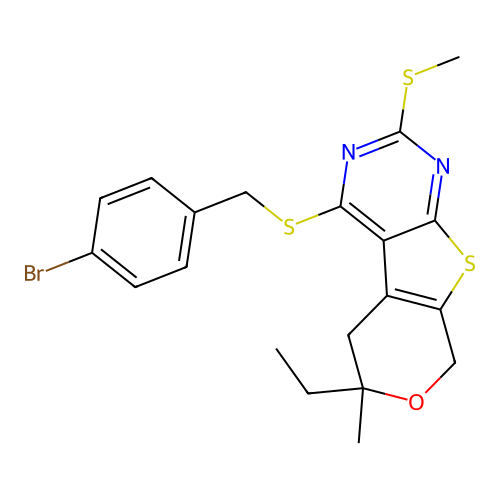 4-[(4-bromobenzyl)sulfanyl]-6-ethyl-6-methyl-2-(methylsulfanyl)-5,8-dihydro-6H-pyrano[4',3':4,5]thieno[2,3-d]pyrimidine structure